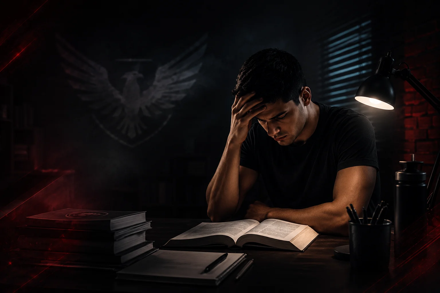 Concurseiro estudando à noite, travado pela falta do nível superior